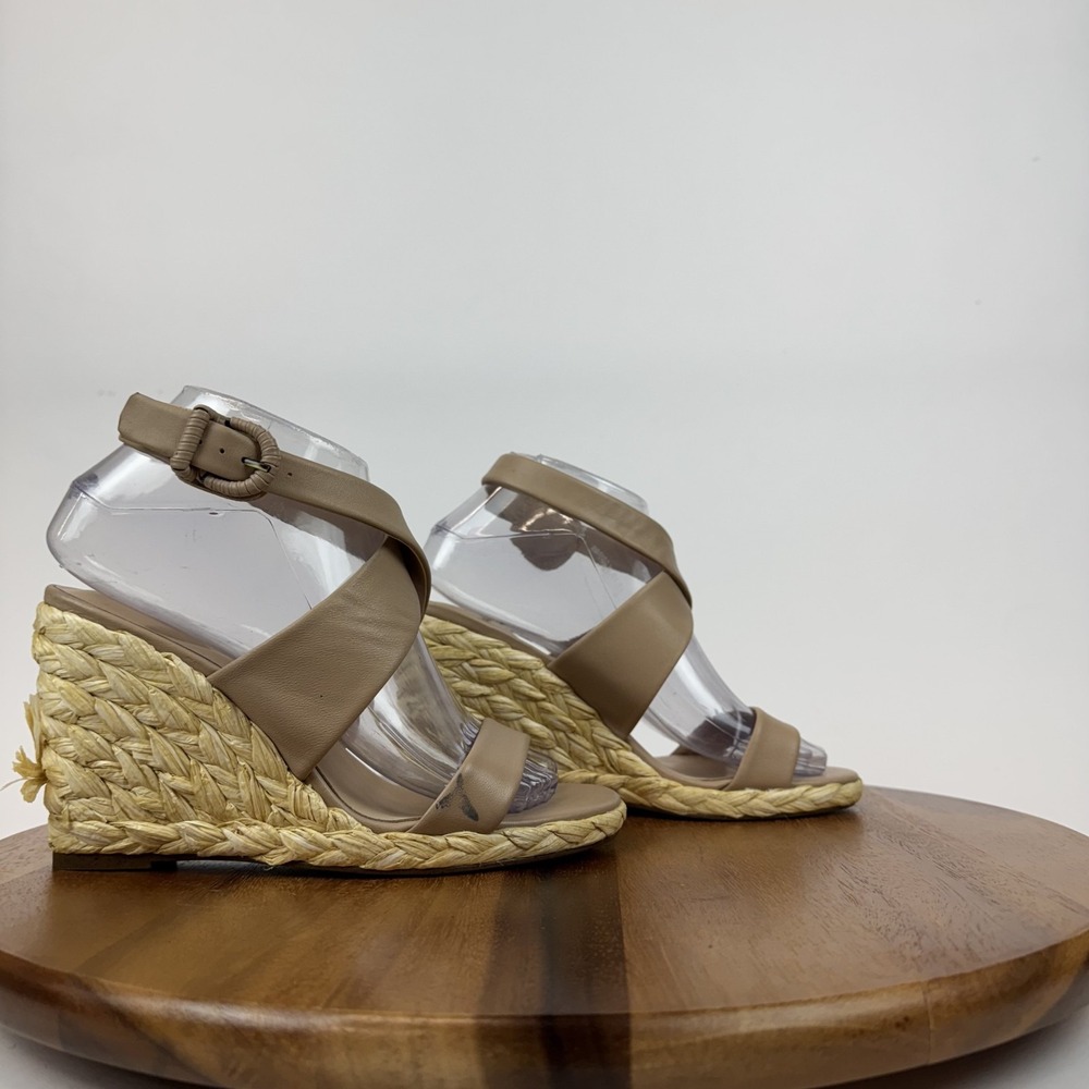 New Womens Charles David Russell Nude Leather‎ Espadrille Wedge Sandals Size 7.5